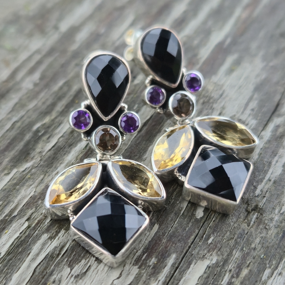 Nicky Butler 925 Sterling Silver Designer Onyx Citrine Amethyst Quartz Earrings - Picture 8 of 13